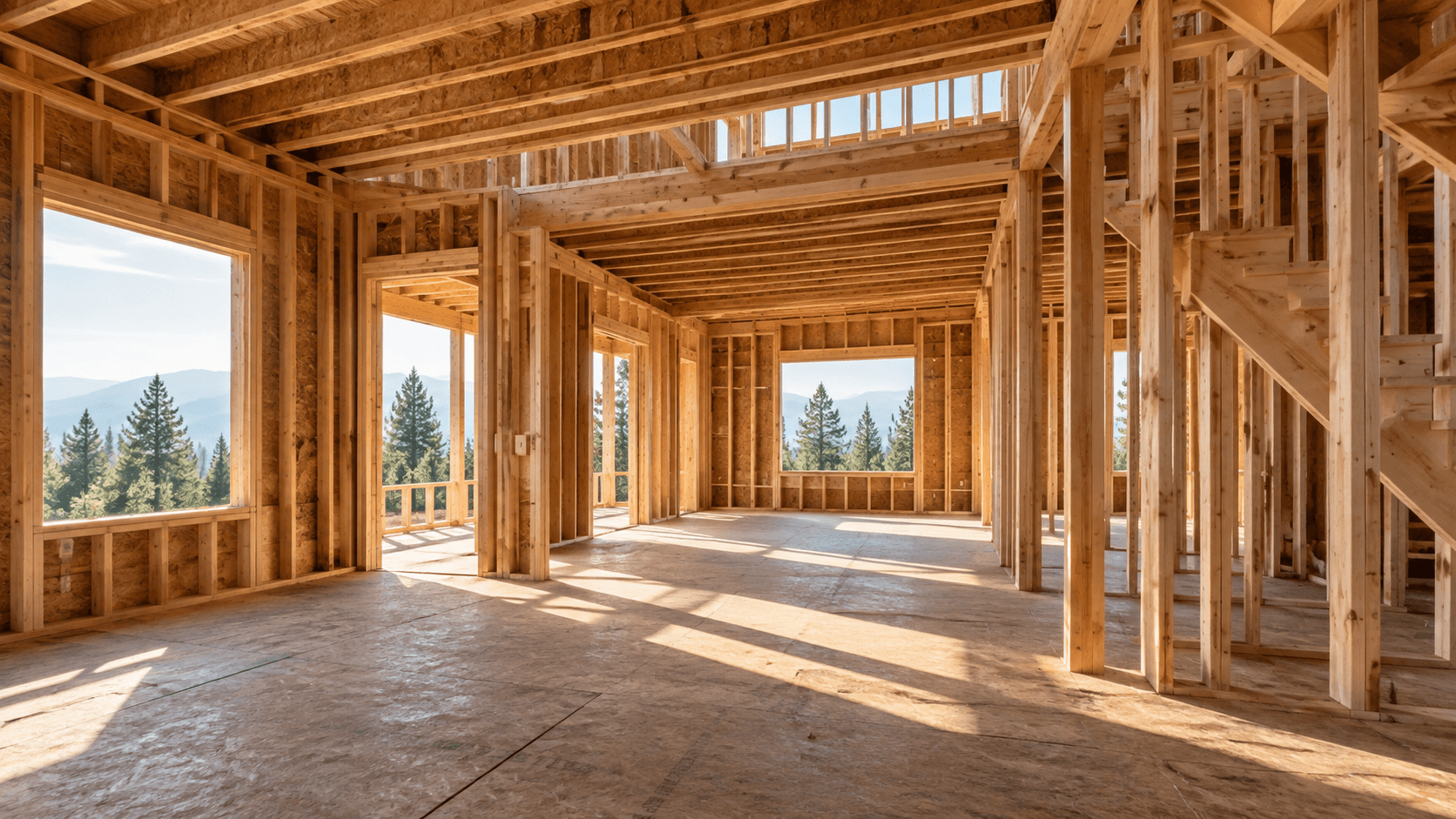 Wide interior framing view during residential construction