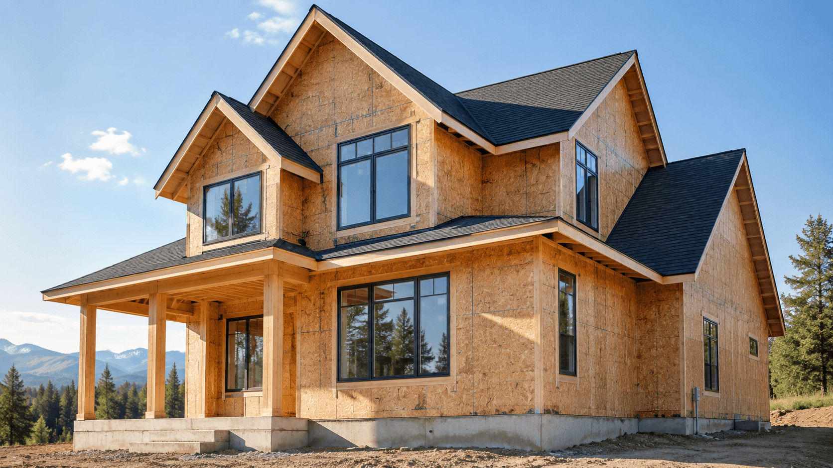 Single-family home with sheathing, roof and windows during construction