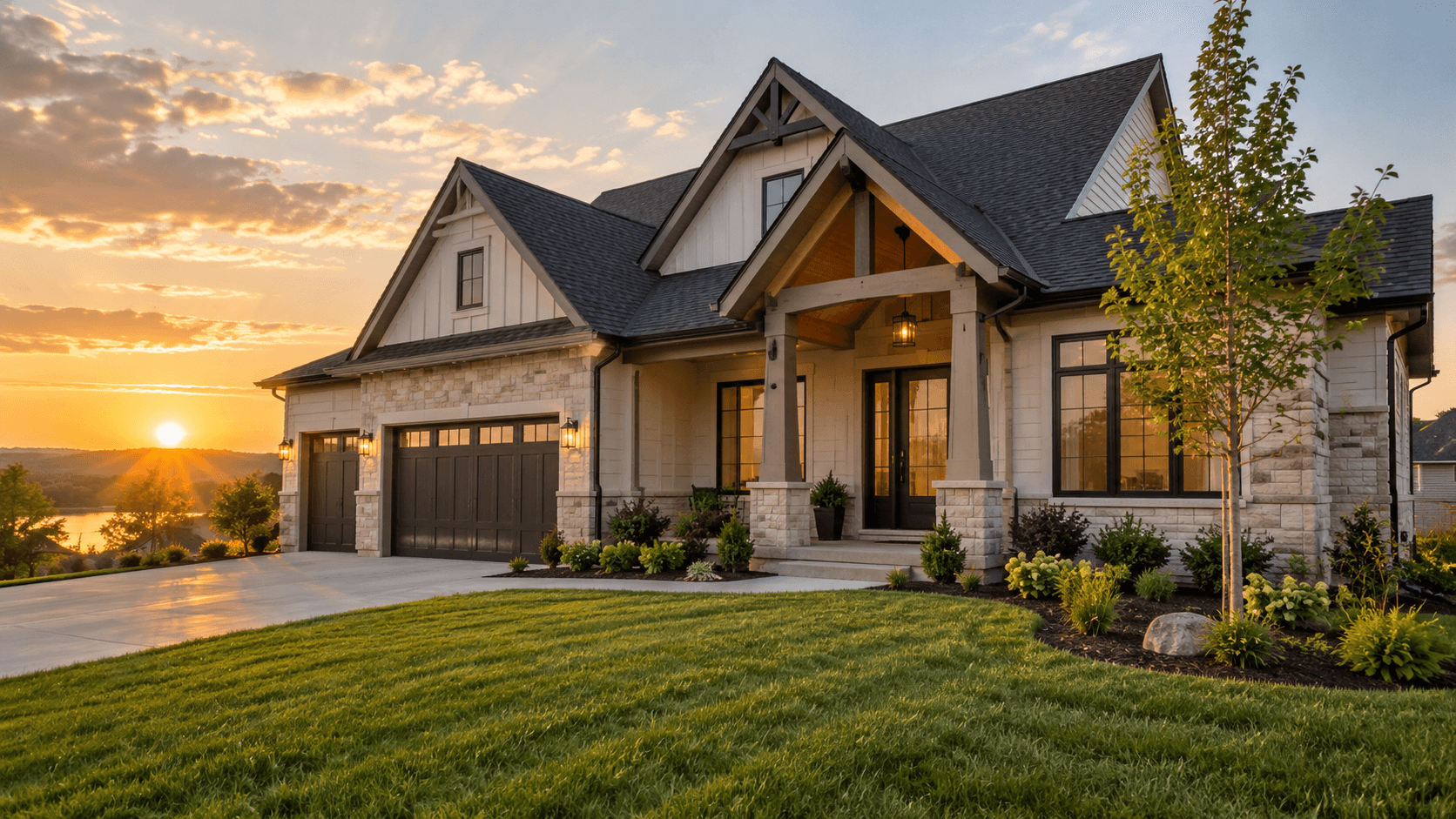 Illustrative finished single-family home at golden hour