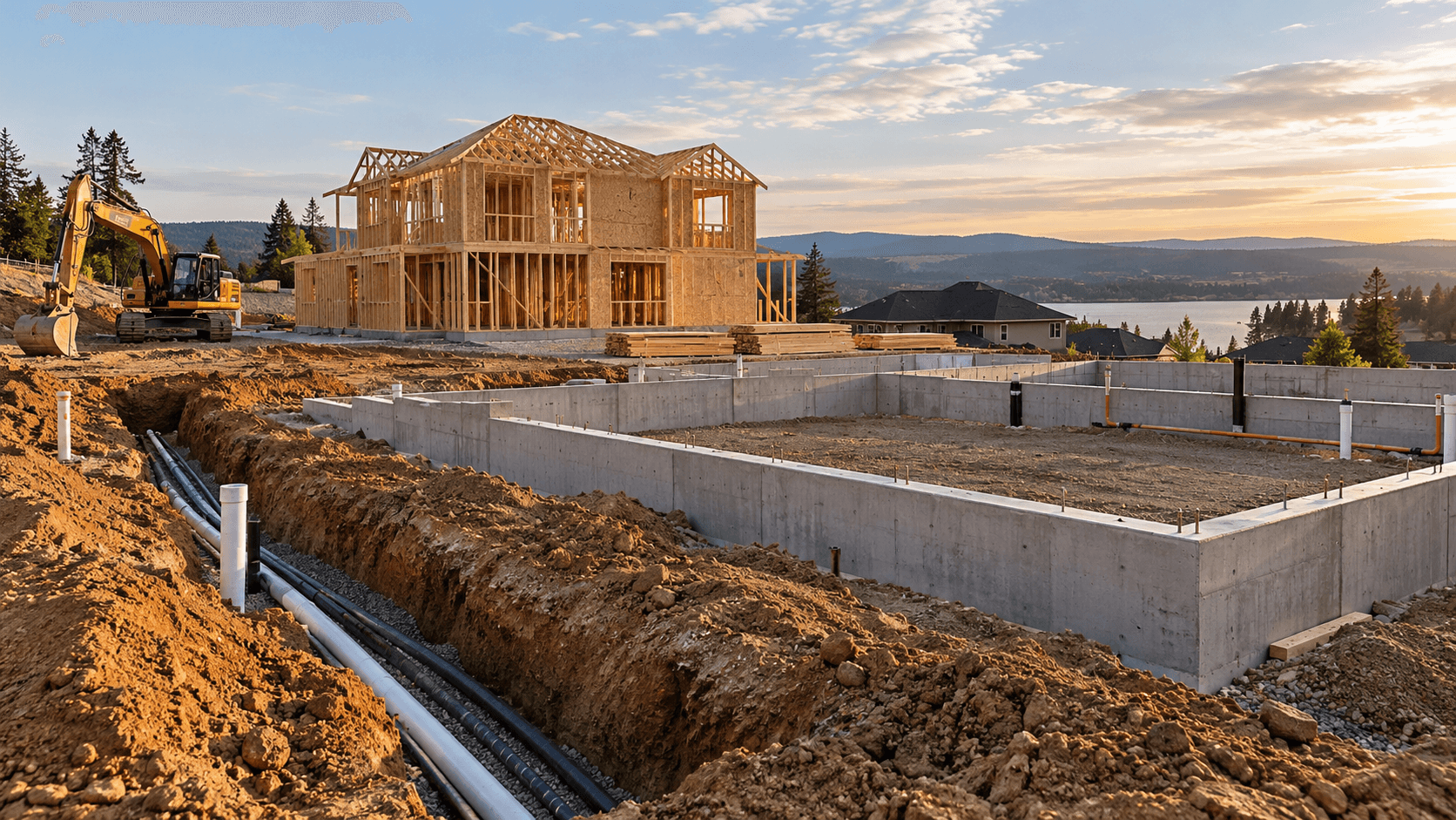 Residential foundation and framing on a sloped construction site