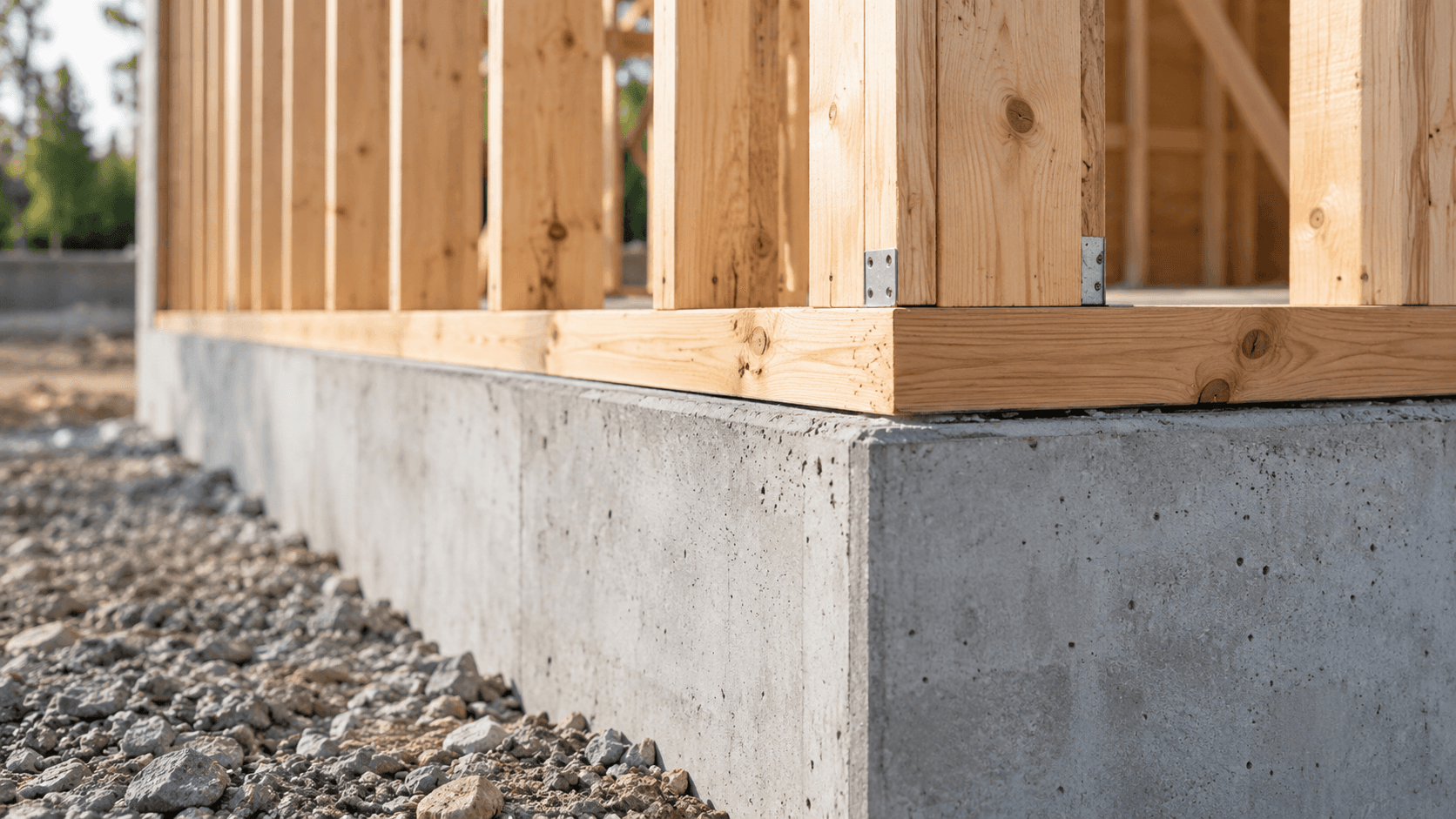 Illustrative residential framing connected to a foundation