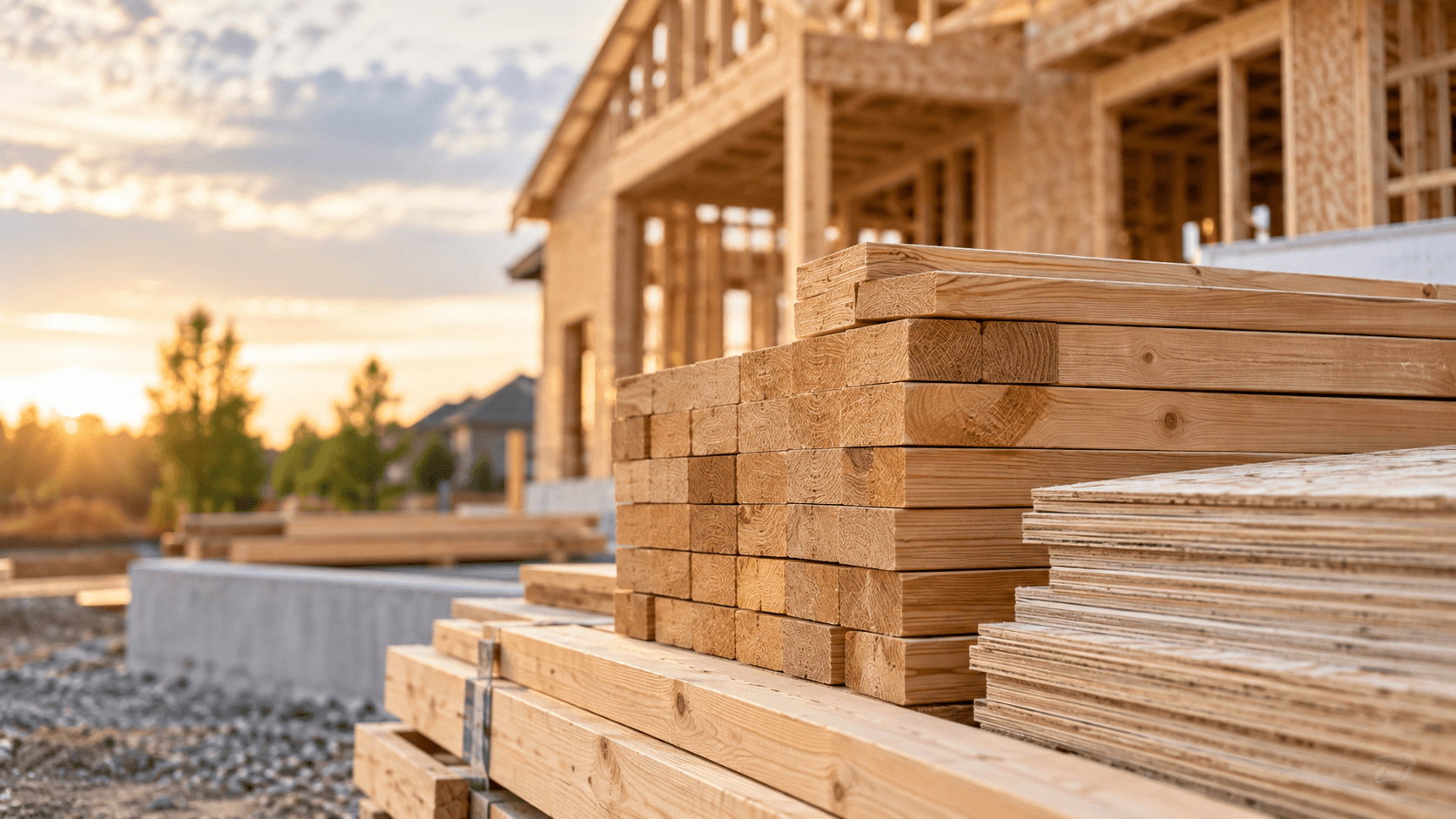 Building materials beside a framed residential structure